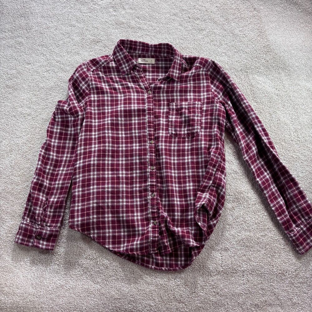 Woman's Hollister red burgundy plaid flannel button down, Size S